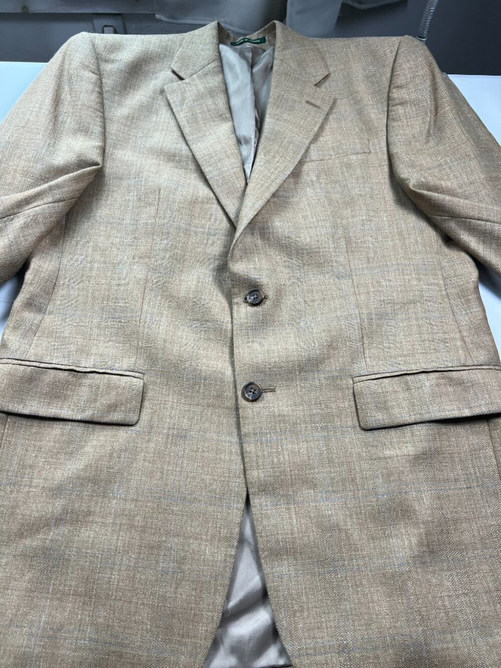 Lauren Ralph Lauren blazer sportcoat silk linen wool blend 40L tan plaid preppy